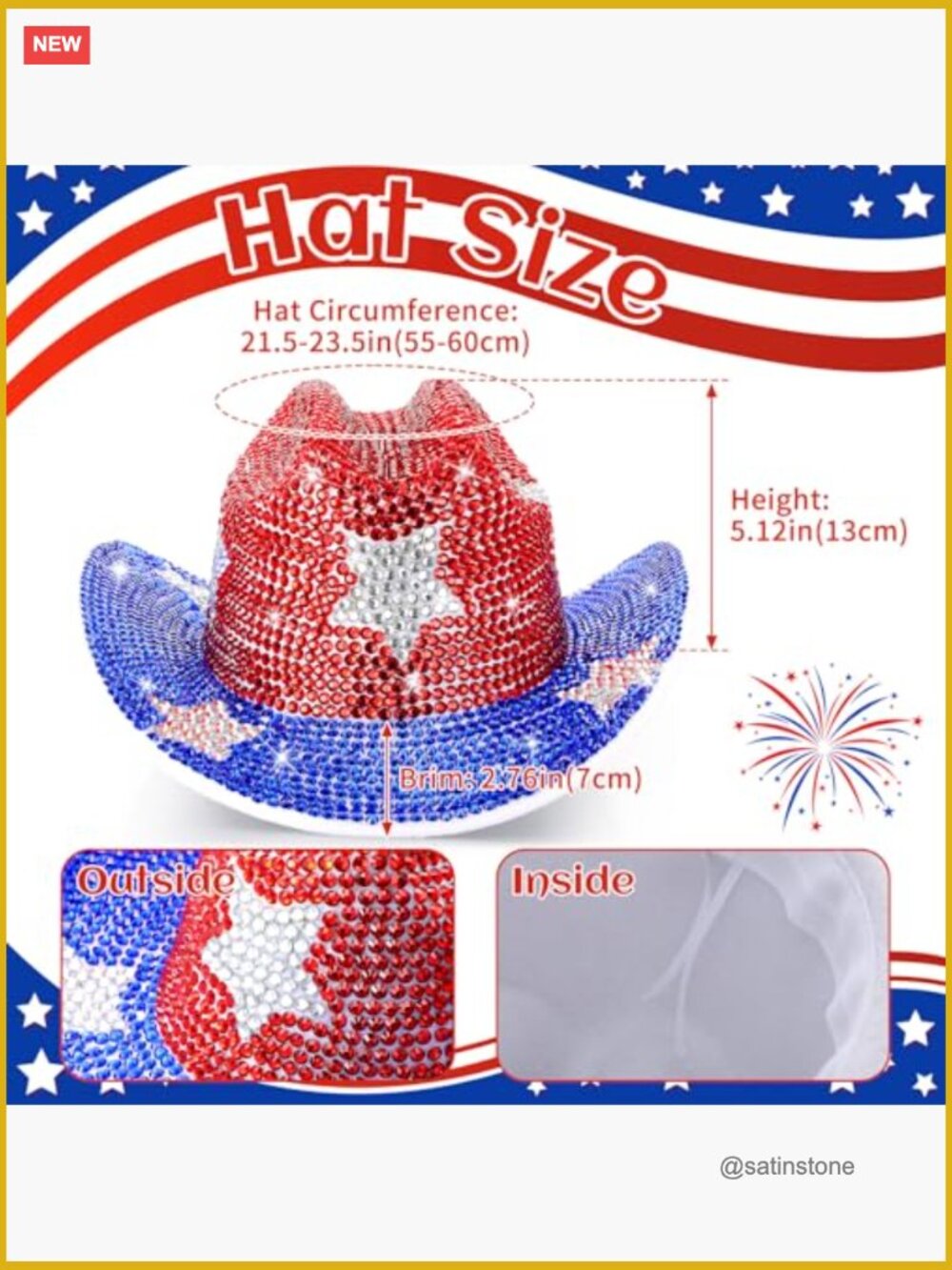 Rhinestone Cowboy Hat Patriotic Independence Day Felt Hat Western Headwear - Picture 2 of 7